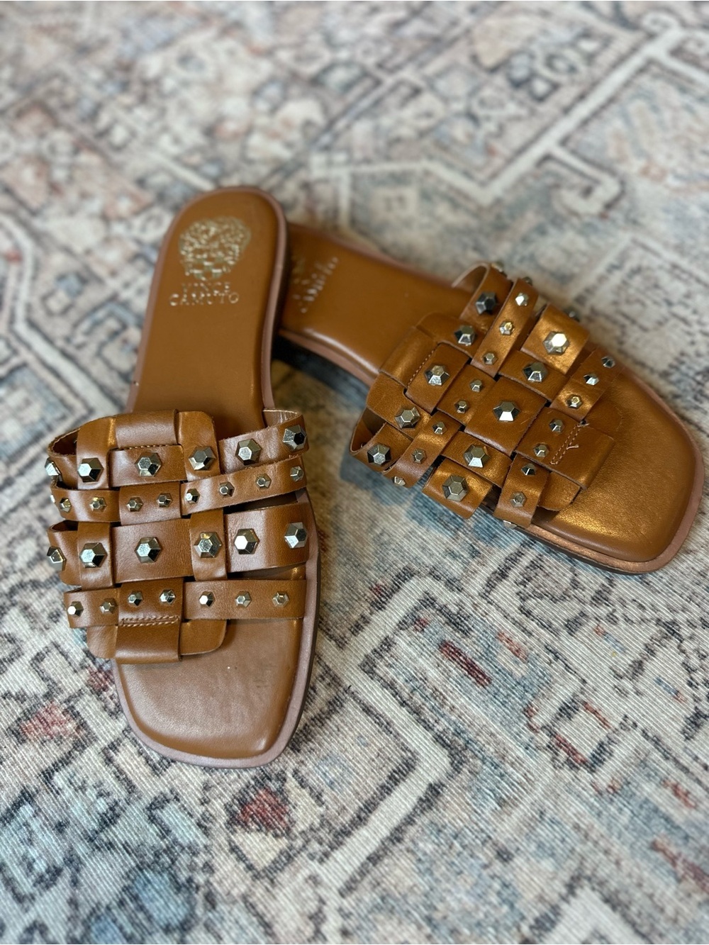 Vince Camuto Memerant Tan Studded Woven Leather Slide Sandals Size 8.5